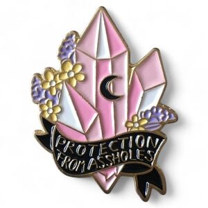 Funny "Protection From Assholes" Pink Crystal Floral Graphic Enamel Pin